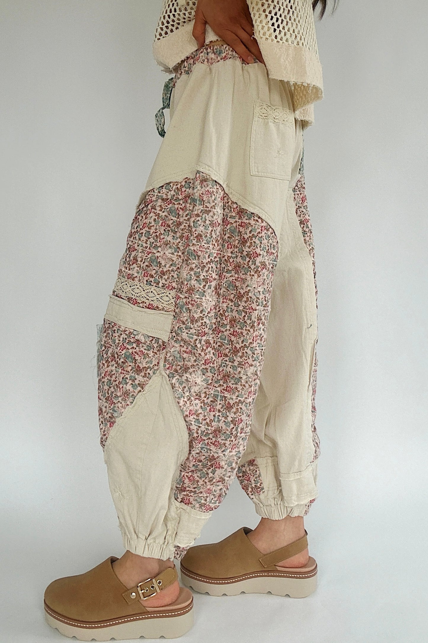 End Game Floral Embroidered Eyelet Patched Denim Joggers