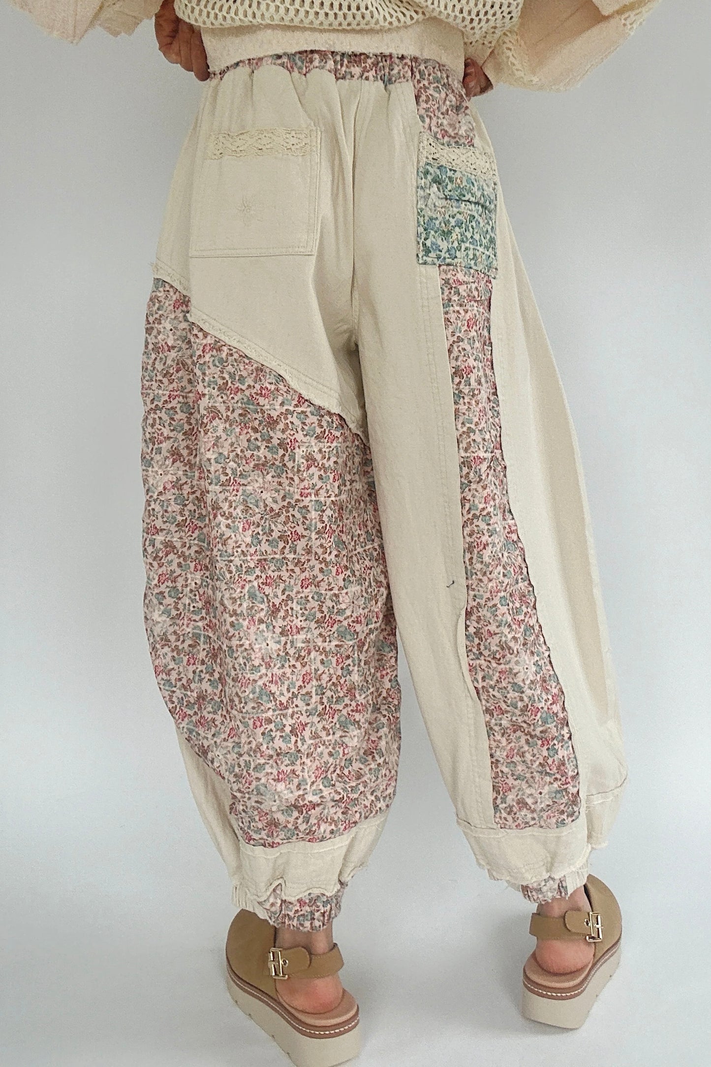 End Game Floral Embroidered Eyelet Patched Denim Joggers