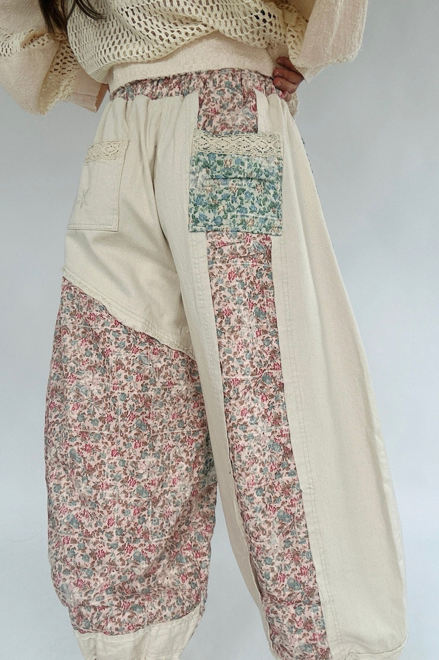 End Game Floral Embroidered Eyelet Patched Denim Joggers