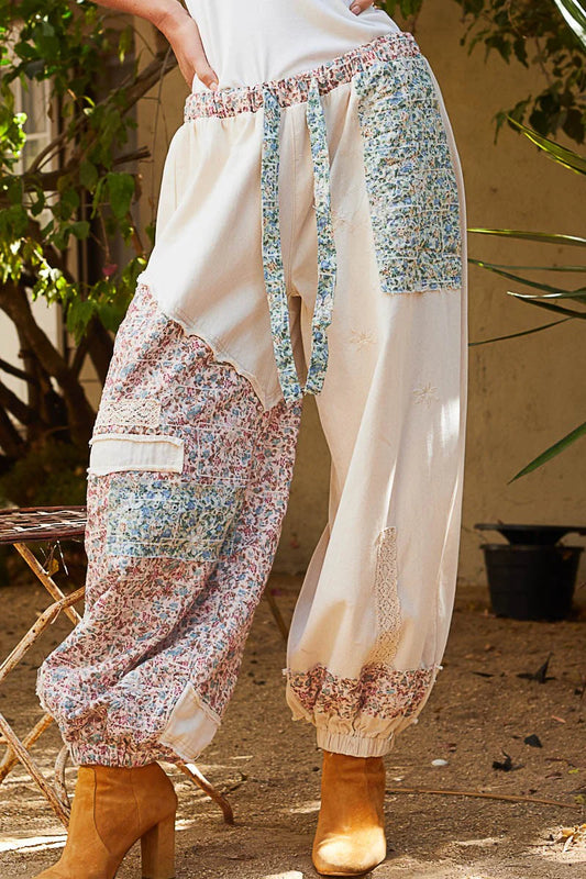 End Game Floral Embroidered Eyelet Patched Denim Joggers