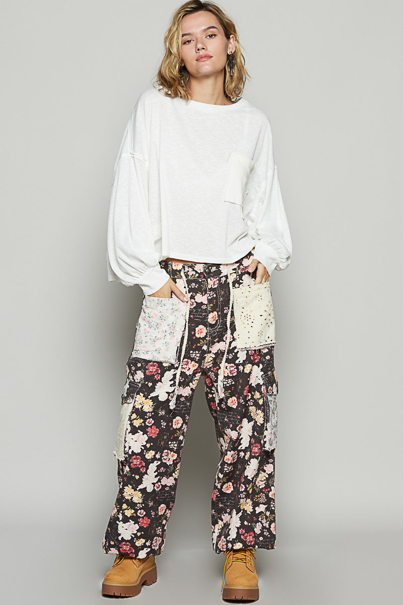 Double Take Floral Print Patch Pockets Cotton Cargo Joggers (2 Colors)