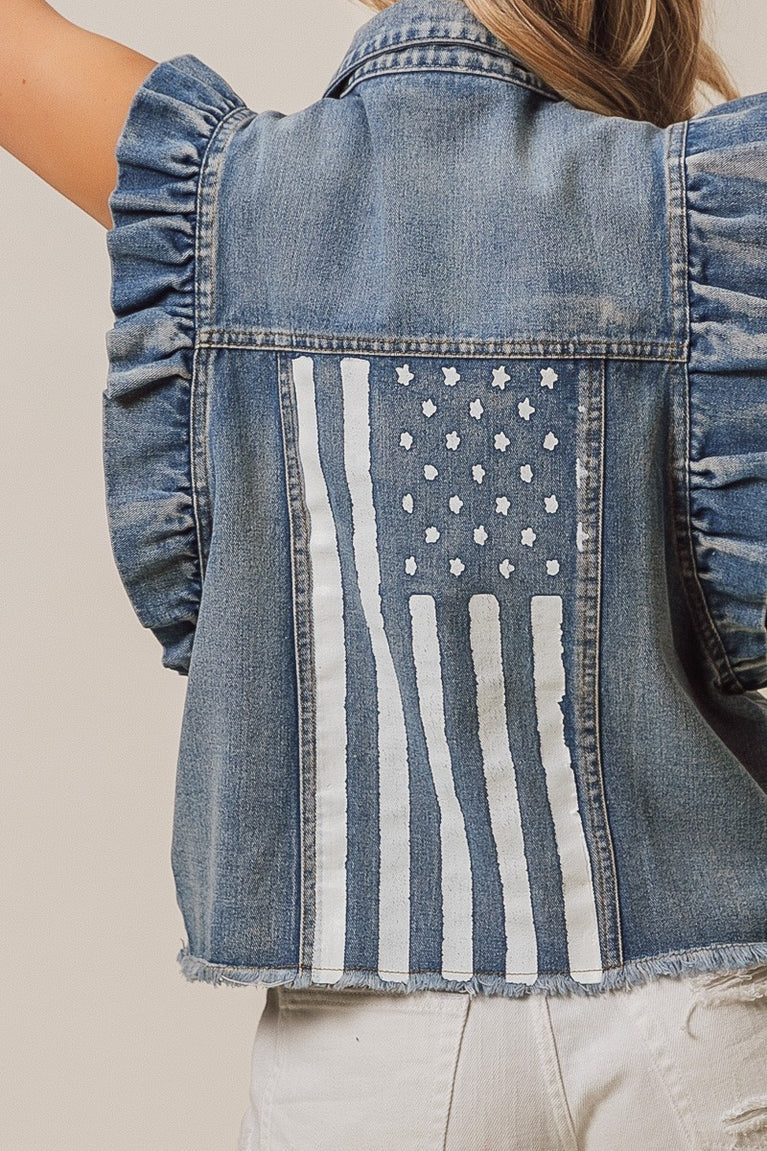 We The Free American Flag Frill Sleeve Washed Denim Jacket