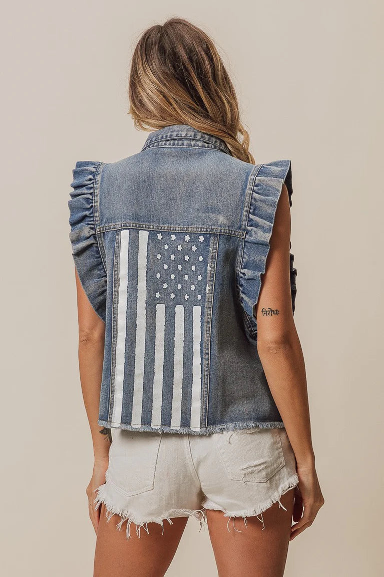 We The Free American Flag Frill Sleeve Washed Denim Jacket
