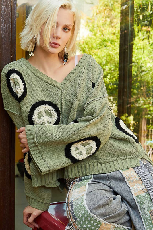 Serenity Now Chenille Peace Sign V Neck Oversized Sweater