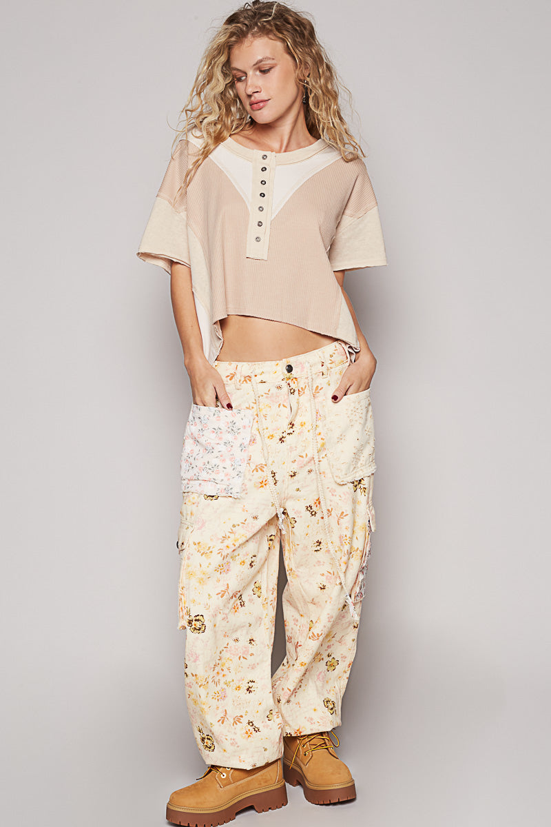 Double Take Floral Print Patch Pockets Cotton Cargo Joggers (2 Colors)