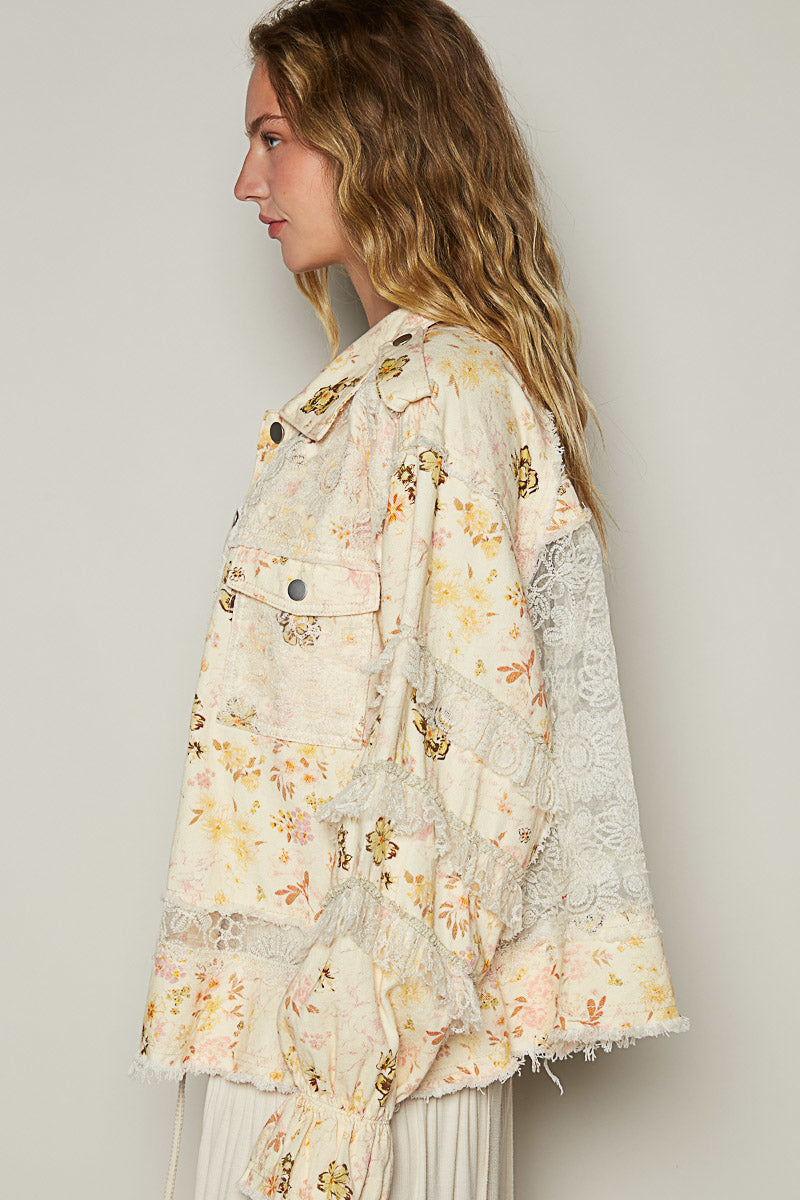 Double Take Floral Print Cotton Jacket with Lace (2 Colors)