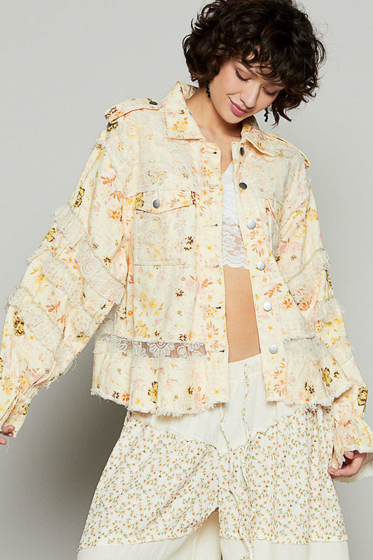Double Take Floral Print Cotton Jacket with Lace (2 Colors)
