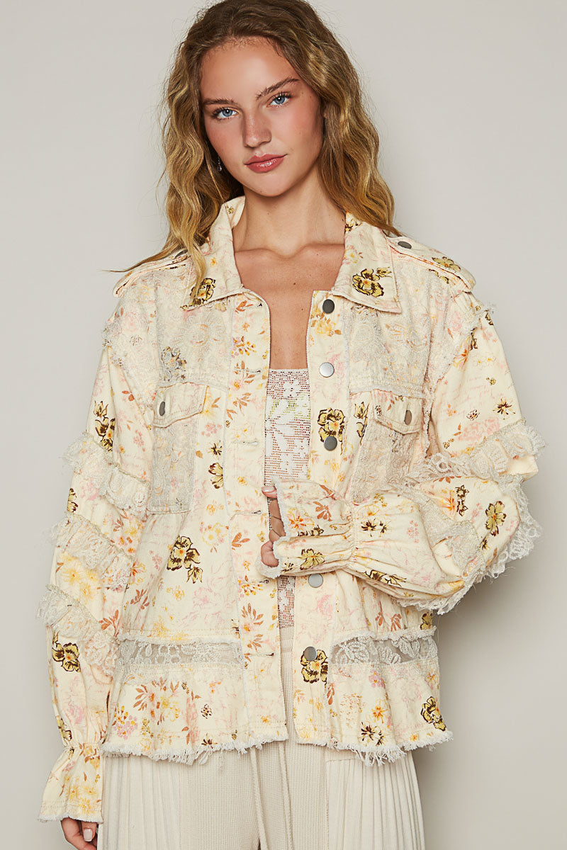 Double Take Floral Print Cotton Jacket with Lace (2 Colors)