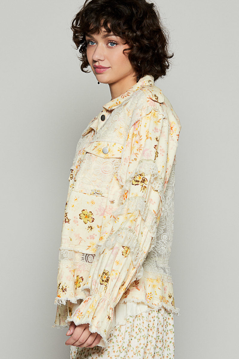 Double Take Floral Print Cotton Jacket with Lace (2 Colors)