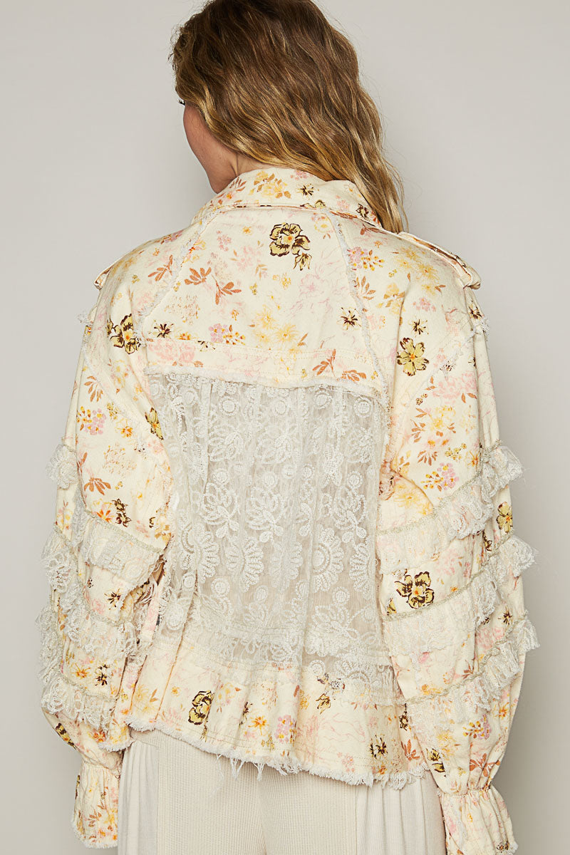 Double Take Floral Print Cotton Jacket with Lace (2 Colors)