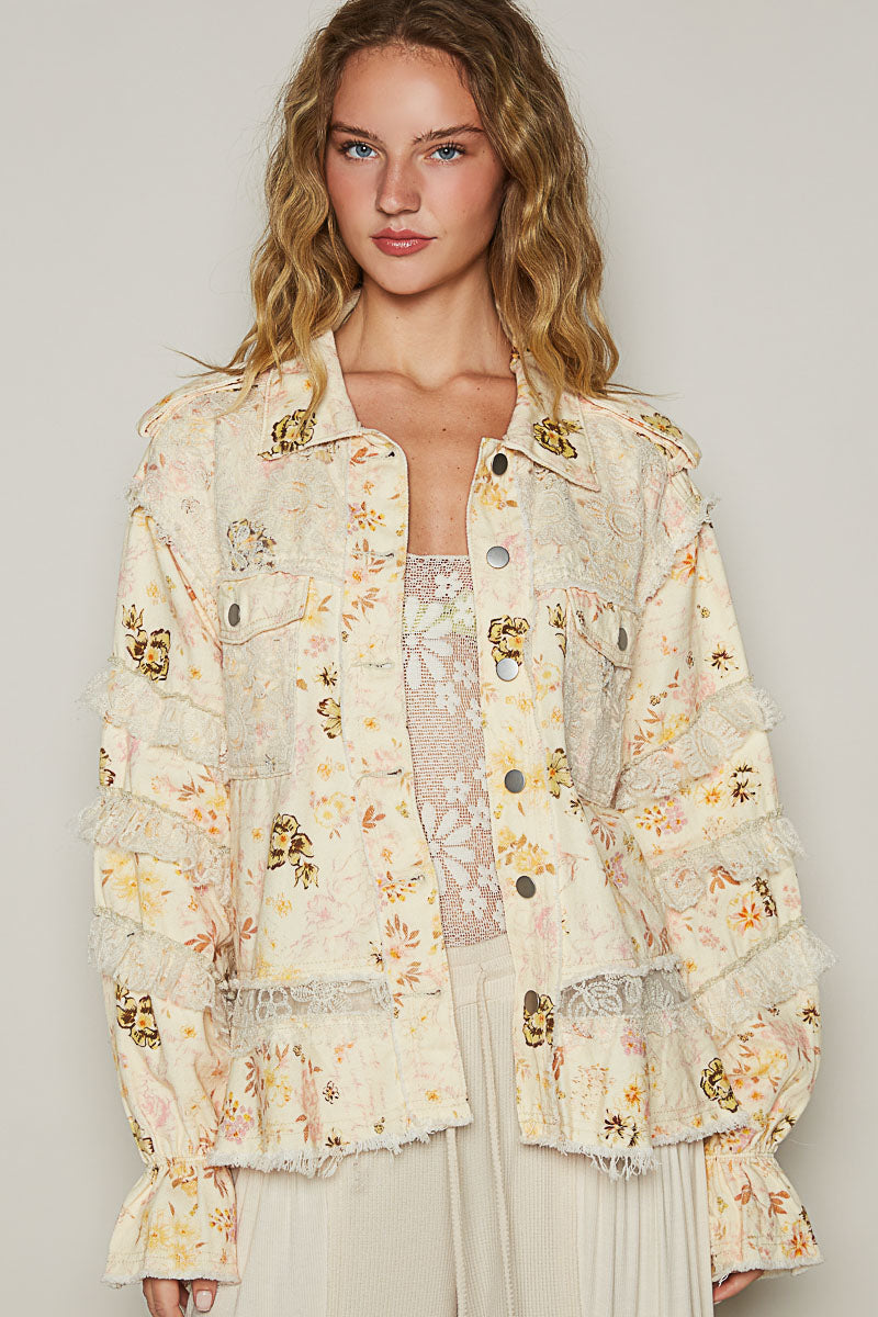Double Take Floral Print Cotton Jacket with Lace (2 Colors)