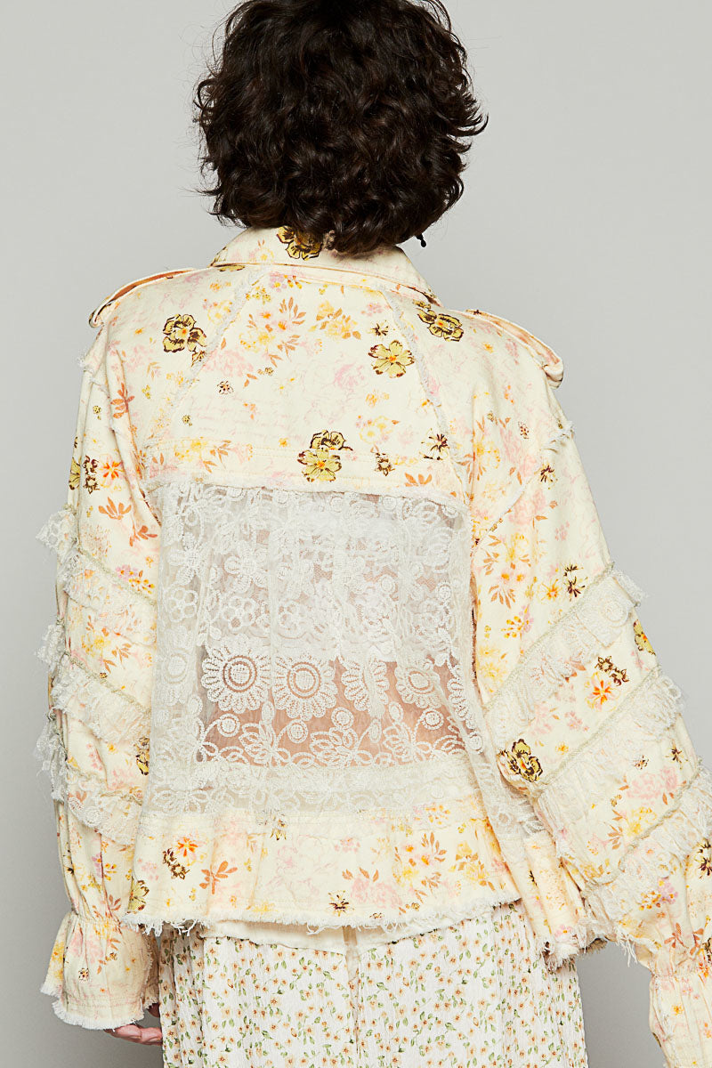 Double Take Floral Print Cotton Jacket with Lace (2 Colors)