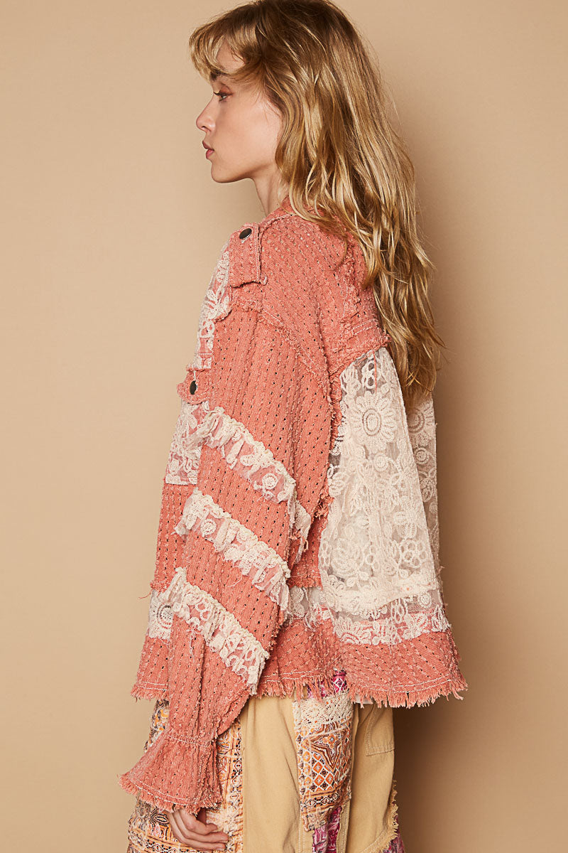 Double Take Floral Print Cotton Jacket with Lace (2 Colors)