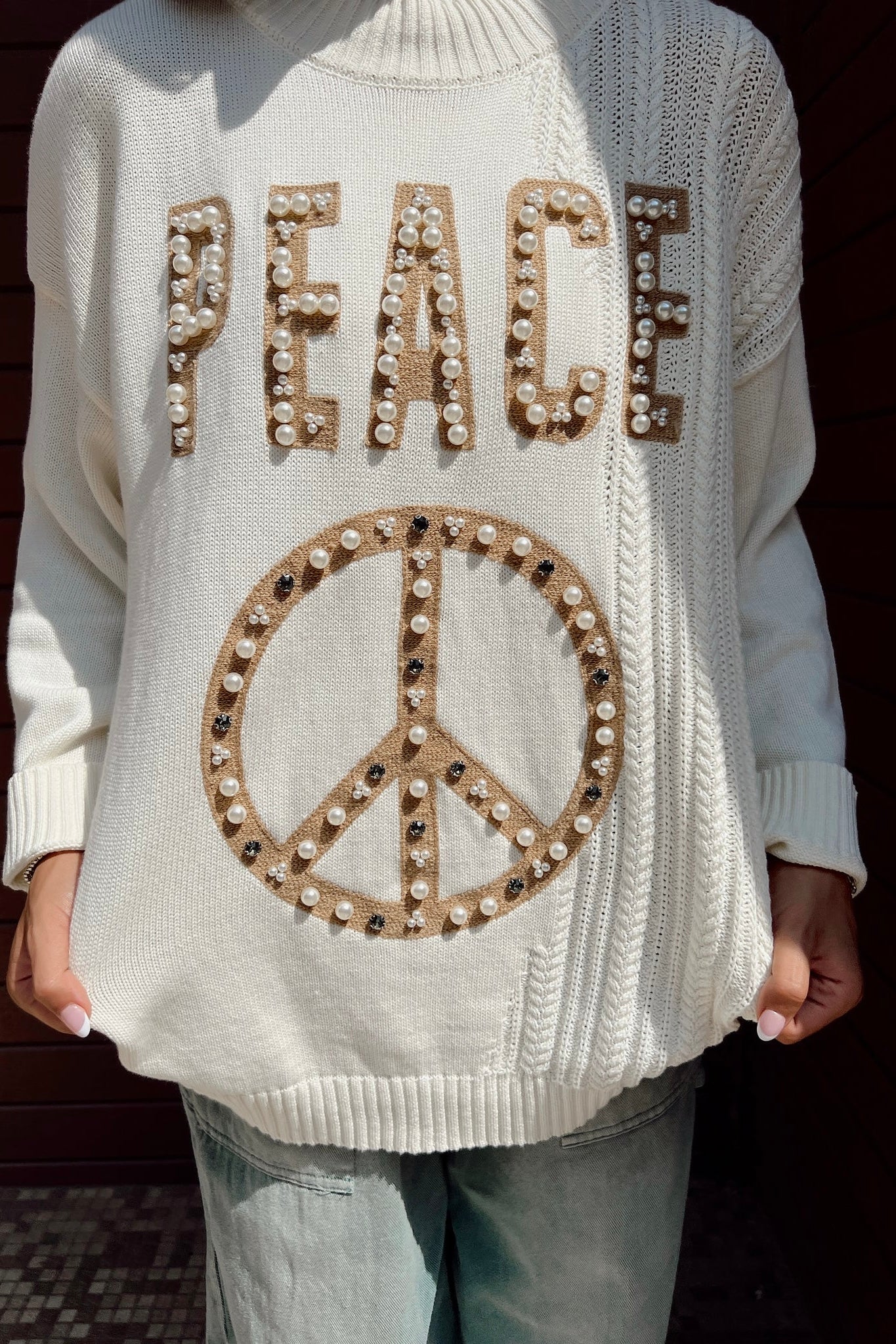 Princess Of Peace Pearl Studded Crew Neck Sweater