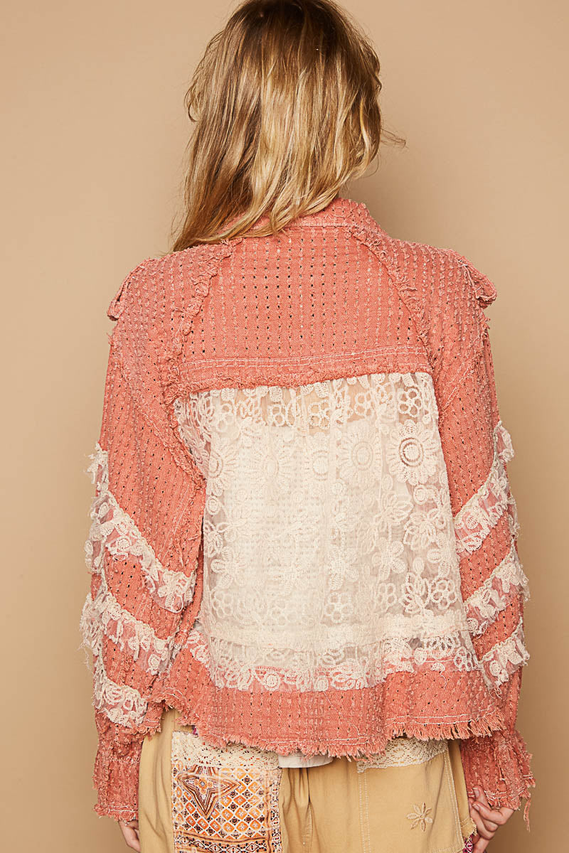 Double Take Floral Print Cotton Jacket with Lace (2 Colors)