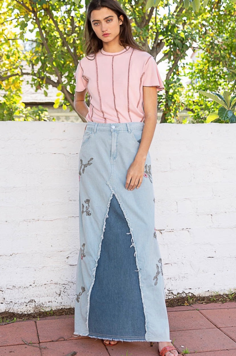 Catch The Sun Embroidered Mixed Denim Maxi Skirt