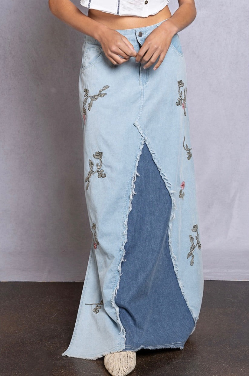 Catch The Sun Embroidered Mixed Denim Maxi Skirt