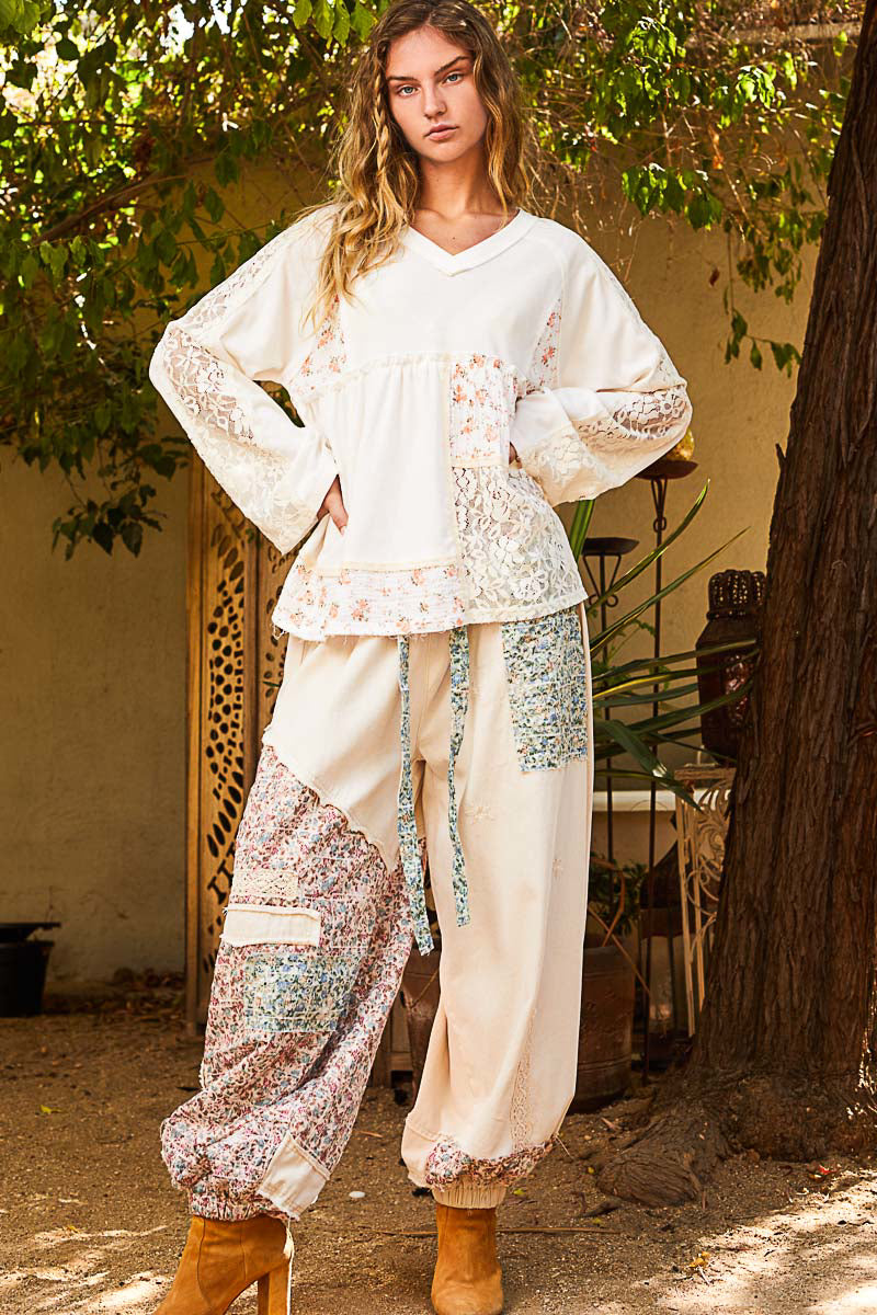 End Game Floral Embroidered Eyelet Patched Denim Joggers