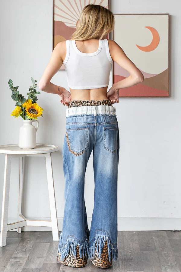 Now You See Me Double Waist Distressed Hem Jeans with Leopard (PREORDER)