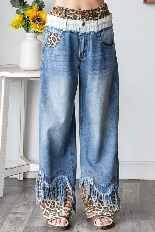 Now You See Me Double Waist Distressed Hem Jeans with Leopard (PREORDER)