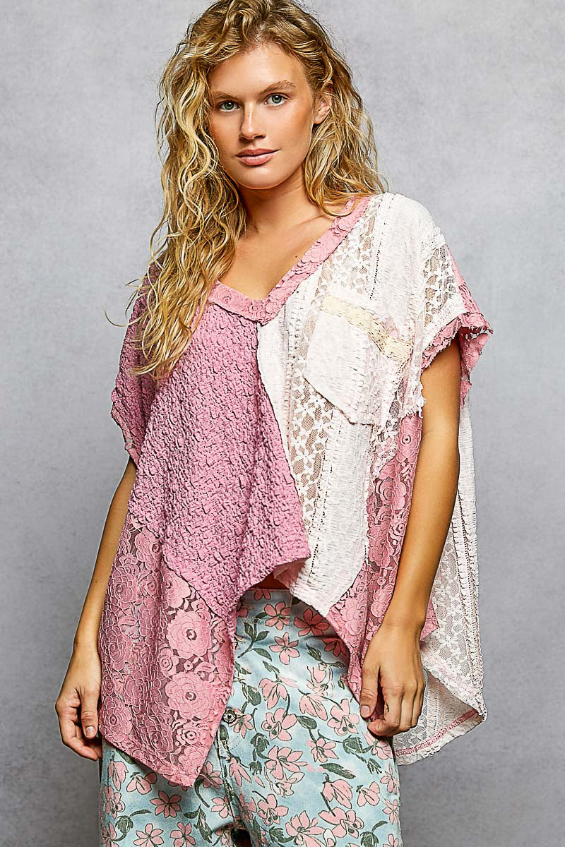 Angel Baby Patchwork Lace V Neck Top | 2 Colors