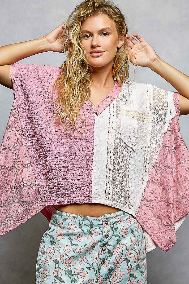 Angel Baby Patchwork Lace V Neck Top | 2 Colors