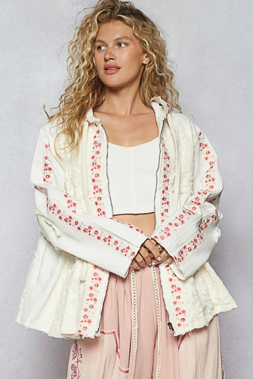 Bring The Wow Floral Embroidered Denim + Lace Tiered Hoodie (4 Colors)