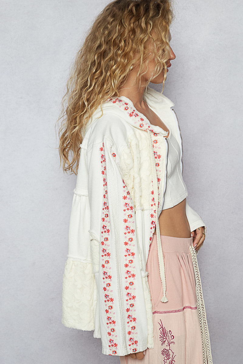 Bring The Wow Floral Embroidered Denim + Lace Tiered Hoodie (4 Colors)
