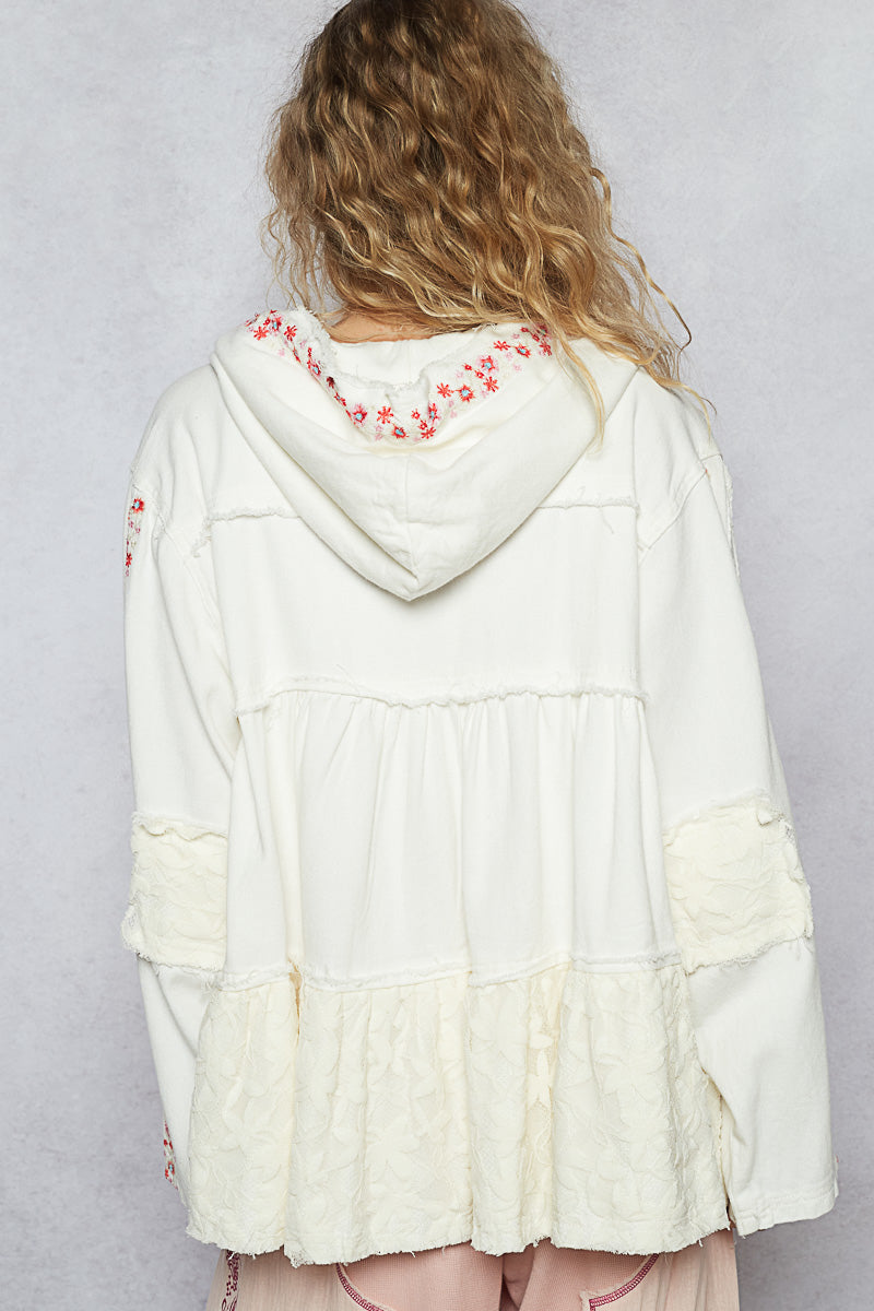 Bring The Wow Floral Embroidered Denim + Lace Tiered Hoodie (4 Colors)