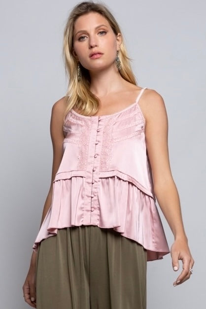 Paloma Lace Detail Button Front Satin Cami Top