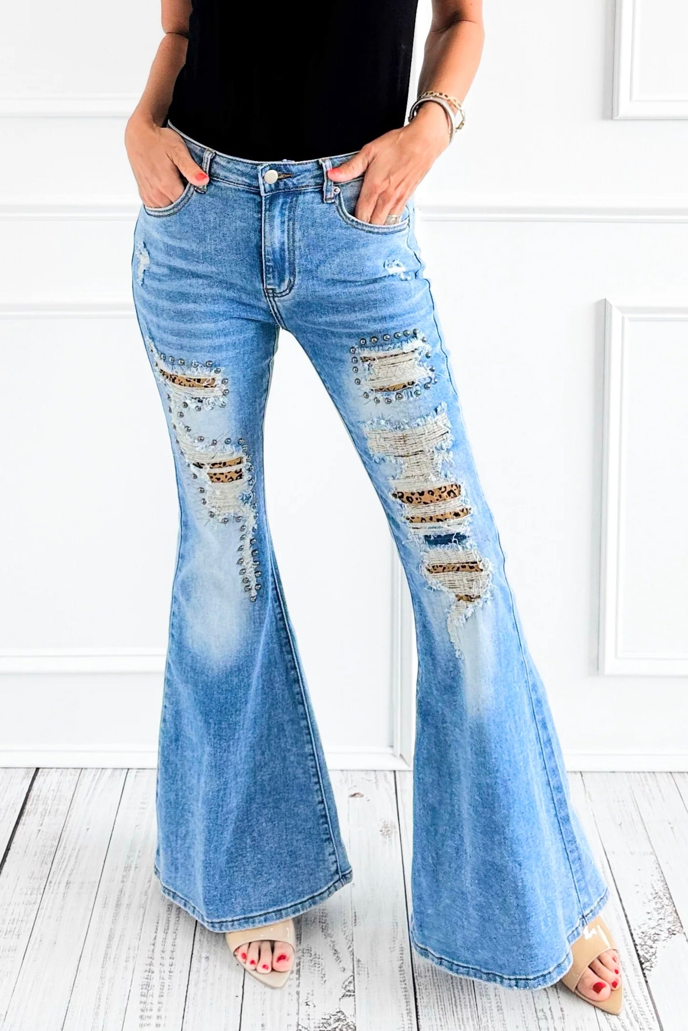 Wildest Dreams Studded Distressed Flares with Leopard