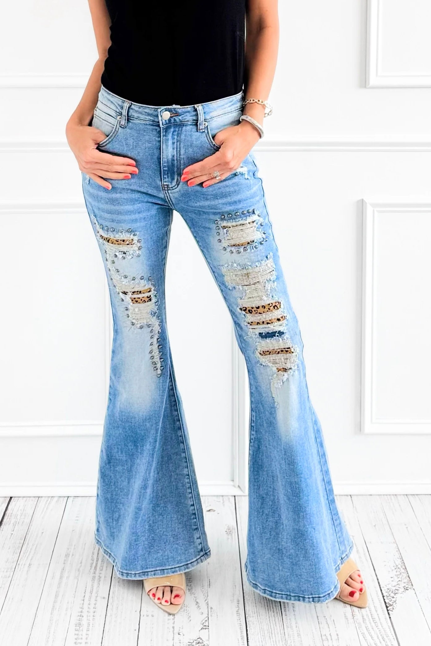 Wildest Dreams Studded Distressed Flares with Leopard