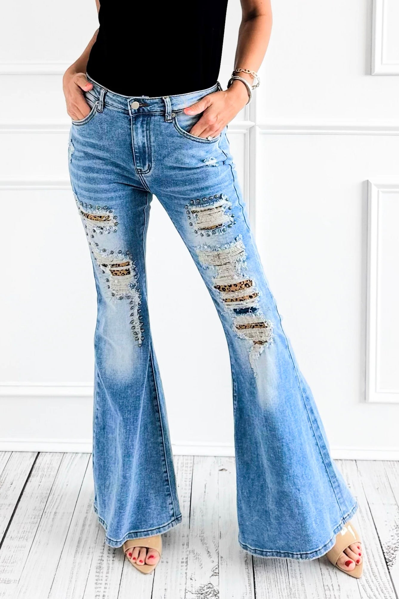 Wildest Dreams Studded Distressed Flares with Leopard
