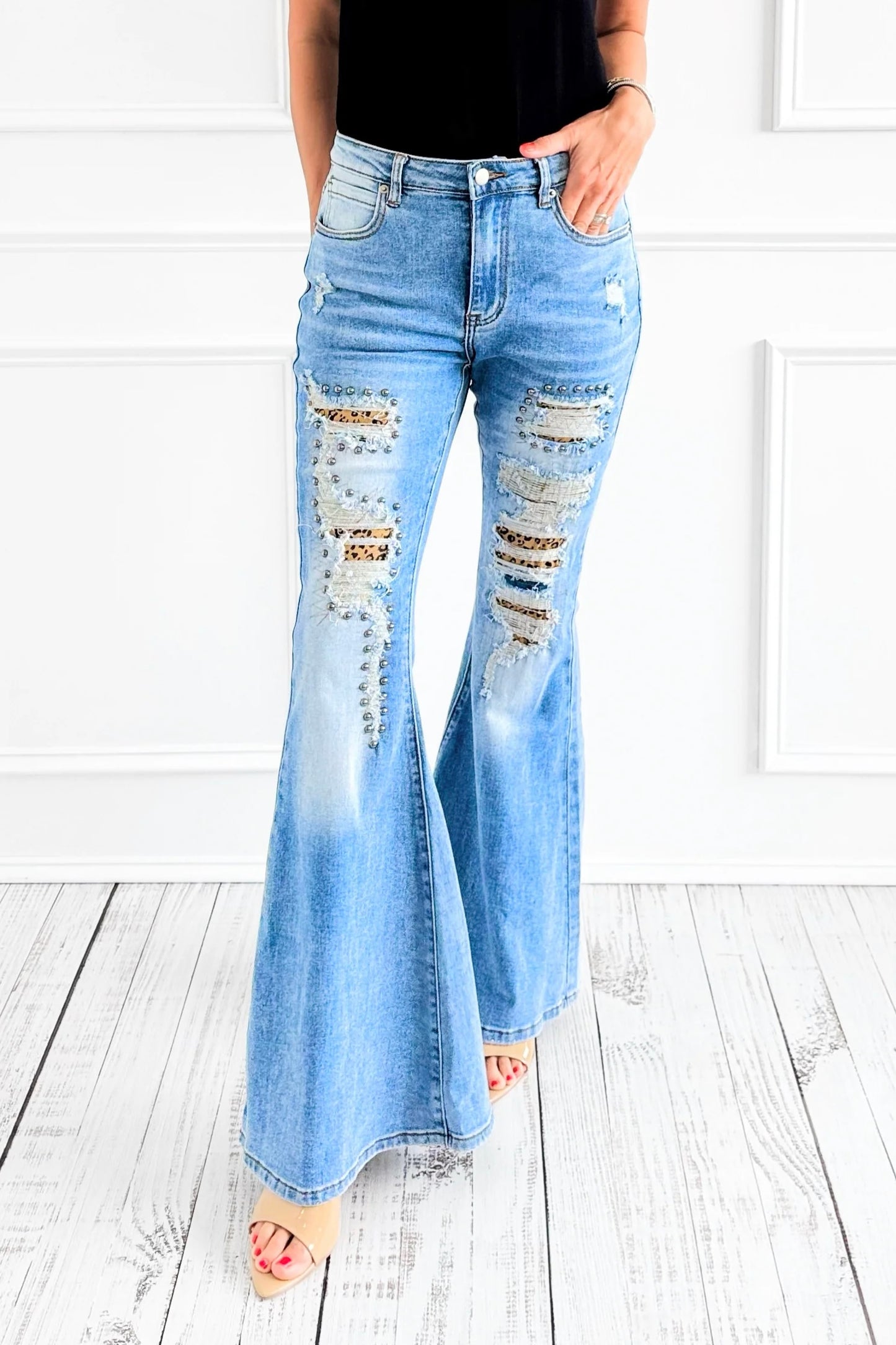 Wildest Dreams Studded Distressed Flares with Leopard