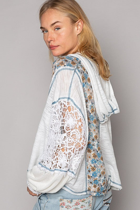 Stay Wild Flower Half Button Lace Sleeve Hoodie Top