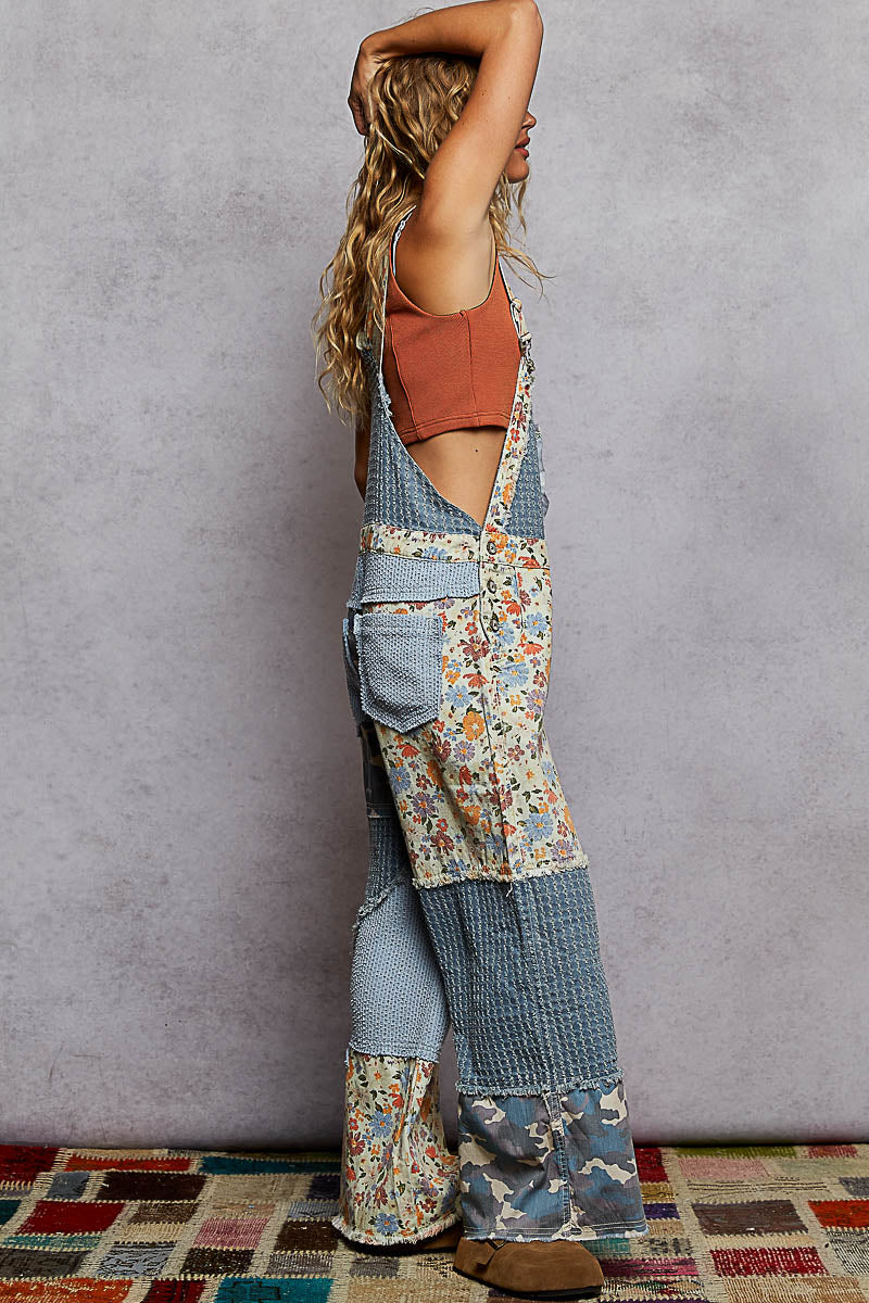 Patch Things Up Flowered Camo Denim Overalls (PREORDER)