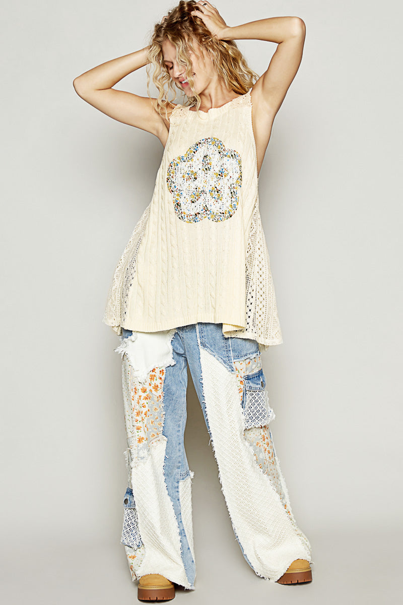In Full Bloom Flower Patch Sleeveless Sweater Top with Lace