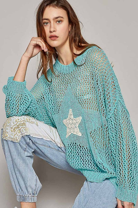 Written In The Stars Open Weave Star Patch Thin Slouchy Sweater