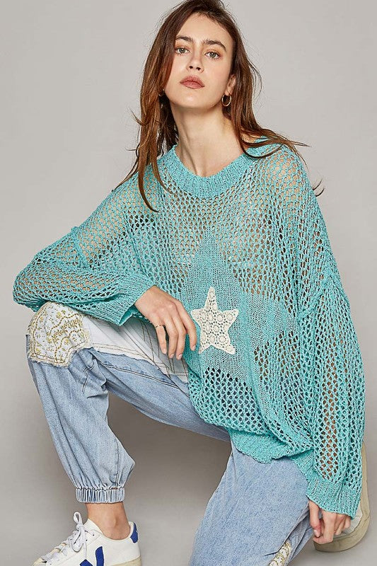 Written In The Stars Open Weave Star Patch Thin Slouchy Sweater