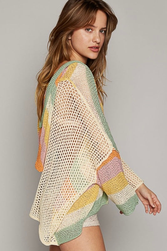 Ojai Pixie Sunset Solid + Striped Mixed Knit Summer Hoodie Sweater