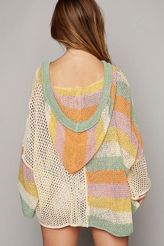 Ojai Pixie Sunset Solid + Striped Mixed Knit Summer Hoodie Sweater