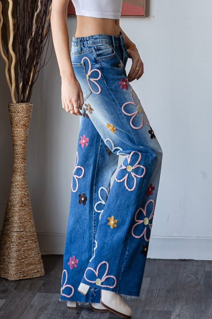 Flower Power Embroidered Straight Wide Leg Jeans