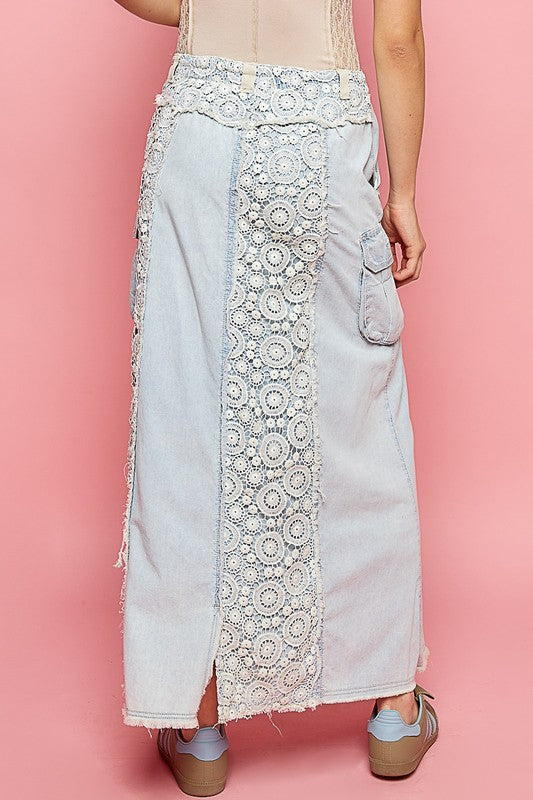 Those Who Wander Vintage Washed Crocheted Lace Denim Maxi Skirt