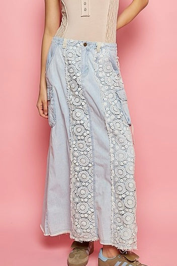 Those Who Wander Vintage Washed Crocheted Lace Denim Maxi Skirt