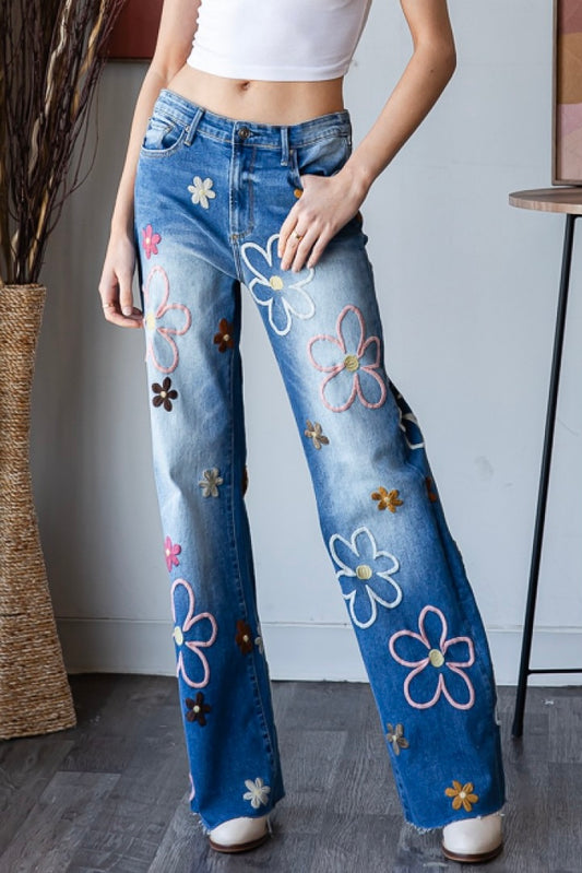 Flower Power Embroidered Straight Wide Leg Jeans