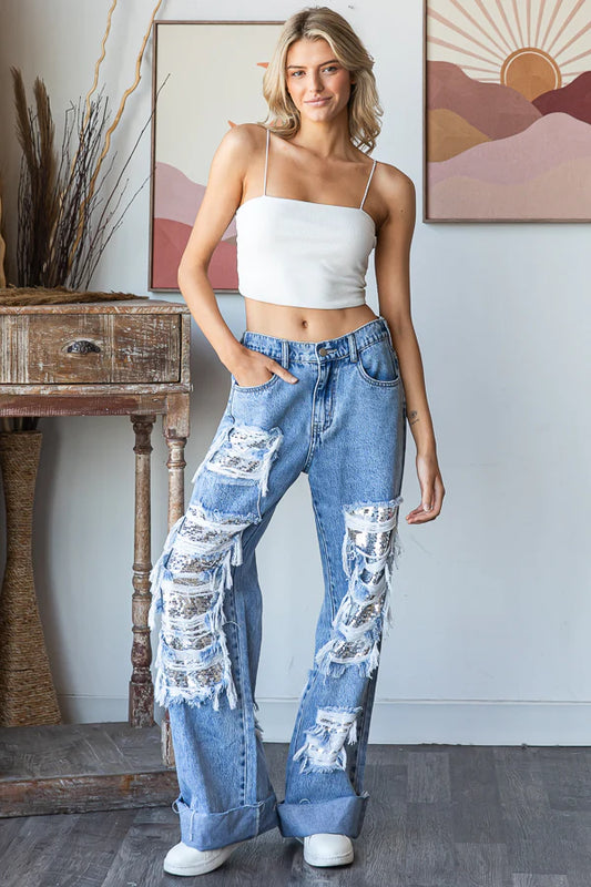 Lit Up Silver Sequin Patched Distressed Baggy Jeans