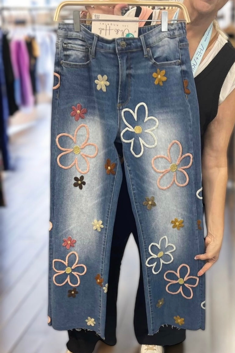 Flower Power Embroidered Straight Wide Leg Jeans