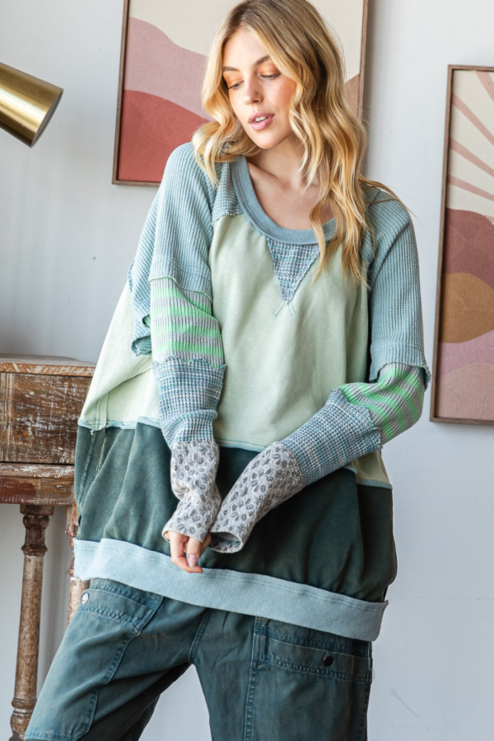 All In The Cuffs Mixed Print Washed Pullover (2 Colors)