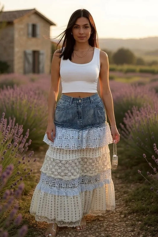 Midsummer Magic Tiered Ruffle Denim Maxi