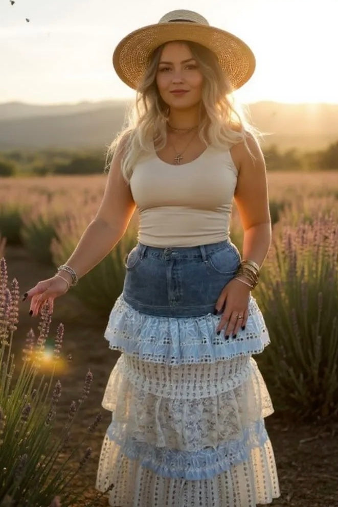 Midsummer Magic Tiered Ruffle Denim Maxi